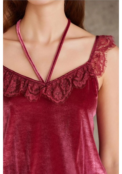 Pierre Cardin 4800 Kadın Dantelli Kadife Tulum Sabahlık Takım-bordo Bordo
