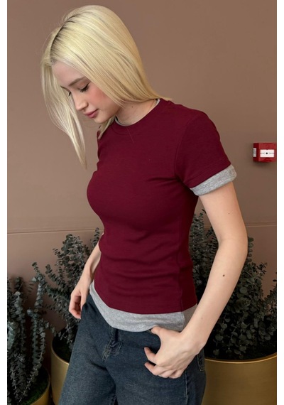 Bordo Bisiklet Yaka Çift Renkli Basic Tişört Mg2682 Bordo