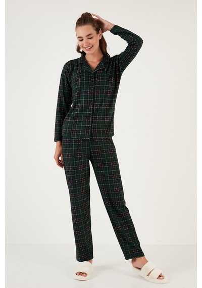 Lela Desenli Beli Lastikli Gömlek Yaka Dokuma Bayan Pijama Takımı 6095660W4 Yeşil