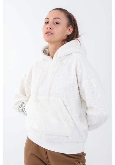 Maraton Sportswear Comfort Kadın Kapşonlu Uzun Kol Basic Ekru Sweatshirt 21443-ekru