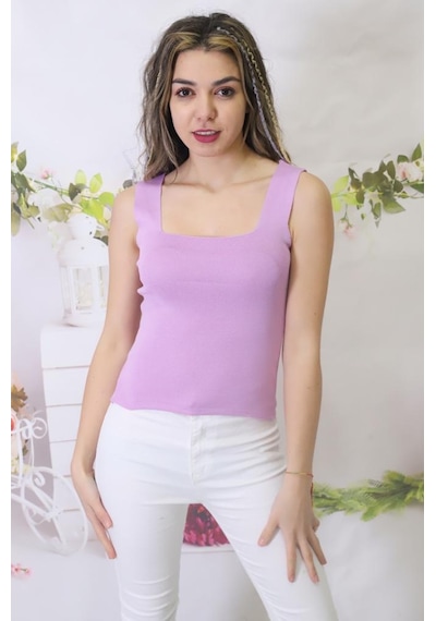 Fashion Cocktail Kadın Lila Kare Yaka Triko Atlet Bluz Crop Standart Beden Lila