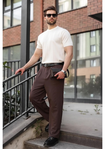 Madmext Beyaz Regular Fit Bisiklet Yaka Fitilli Triko Erkek Tişört E7490