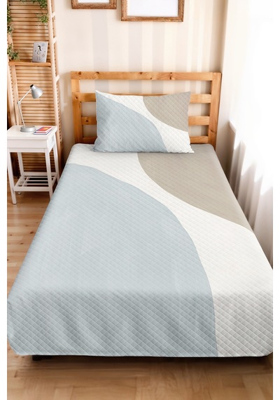Mavi Geometrik Modern Tek Kişilik Pike Takımı - Gri Beyaz Minimal 160x220 Cm Yazlık Yatak Örtüsü Narin Mum Esintisi