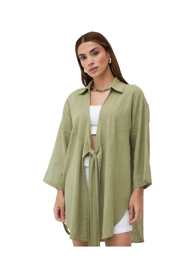Laluvia Pamuklu Flam Keten Kadın Kimono Gömlek - Haki