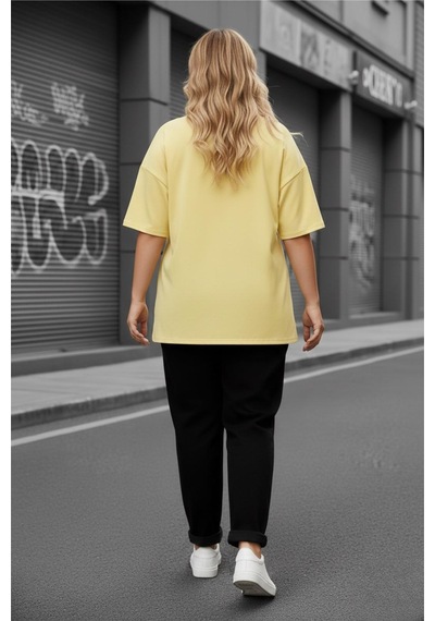 Mily Kadın Büyük Beden Battal Basic Bisiklet Yaka Pamuklu T-shirt Rahat Kesim Unisex Sevgili Kombini Sarı