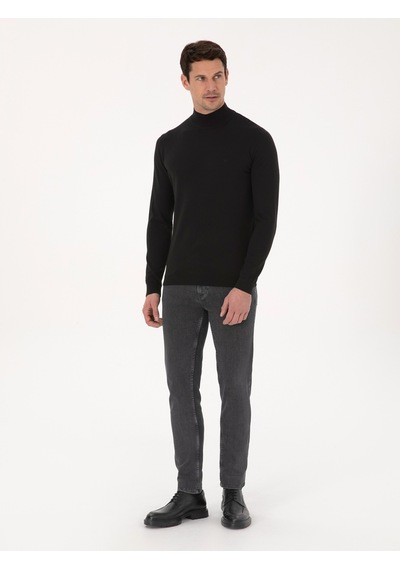 Cacharel Siyah Slim Fit Pamuk Karışımlı Yarım Balıkçı Yaka Basic Triko Kazak