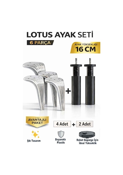 Lotus 16 Cm Ayak Seti Krom 6 Parça Robot Süpürgeye Uyumlu Koltuk Mobilya Dolap Baza Ayağı Krom