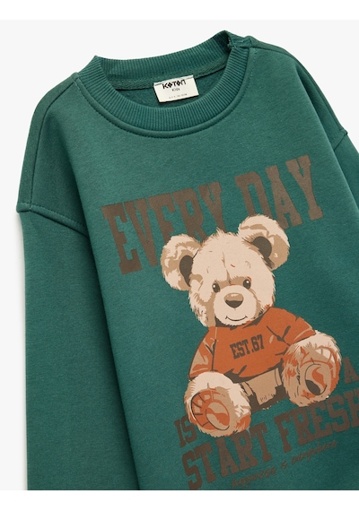 Koton Üç İplik Ayıcık Baskılı Uzun Kollu Bisiklet Yaka Sweatshirt Yeşil 6wkg10380ak