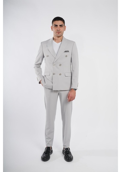 İntersivin Slim Fit Jogger Pantolonlu Erkek Gri Kruvaze Takım Elbise Gri
