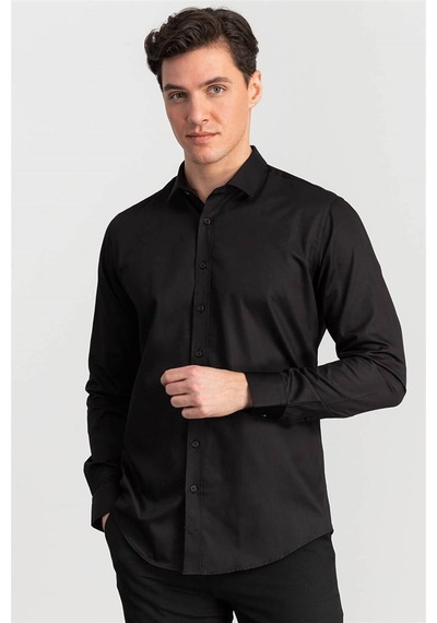 Tudors Slim Fit Dar Kesim Pamuk Saten, Erkek Gömlek-20337 Siyah