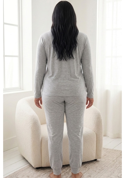 Siyah İnci Likralı Büyük Beden Battal Boy Örme Pijama Takım26240944 Gri Melanj