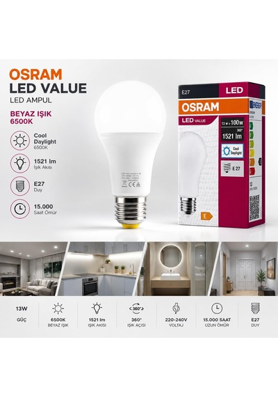 Led Value Classic A100 E27 Led Ampul 13w 1521 Lümen 100w Eşdeğeri Uzun Ömürlü Enerji Tasarruflu Ampul 10'lu Paket Beyaz Işık
