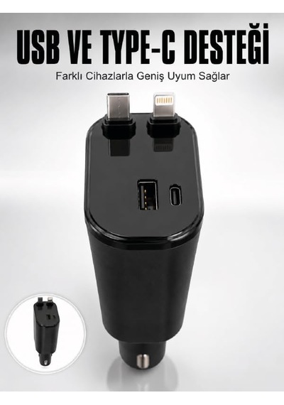 Tr Araç Çakmaklık Şarj Cihazı 120w Type-c & Lightning Kablolu Çoklu Hızlı Şarj İstasyonu