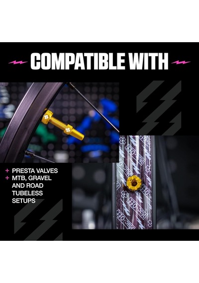 Muc-off Tubeless Valves V2, Gold 44mm - Tubeless Valf, Tüpsüz Lastikler İçin Valf Çekirdeği Sökme Aleti İle Gövde Çok Renkli