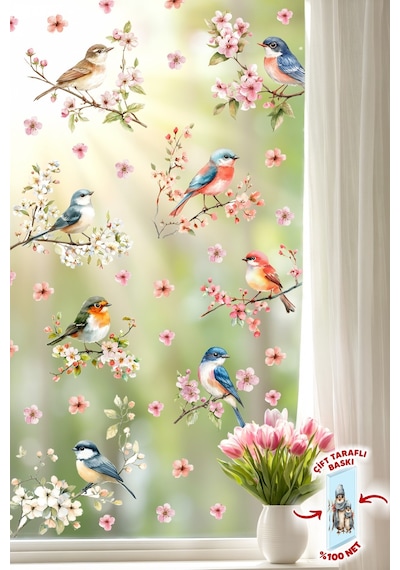Çift Taraflı Cam Sticker Kuş Ve Çiçek Seti 57 Parça Bahar Temalı Pencere Süsü, %100 Net Görünüm Dijital Baskı