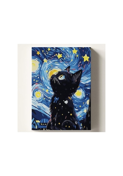 Kendin Yap Sayılarla Boyama Kiti, Yıldızlı Kedi Temalı Tuval 40x50 Cm