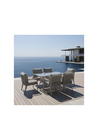 Dora Garden Home Defne 6 Kişilik Rattan Bahçe Balkon Mutfak Masa Takımı Açık Gri Siyah Çizgili