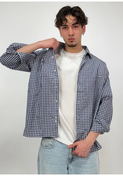 Zaee 404 Baskılı Kareli Oversize Gömlek Mavi / Beyaz