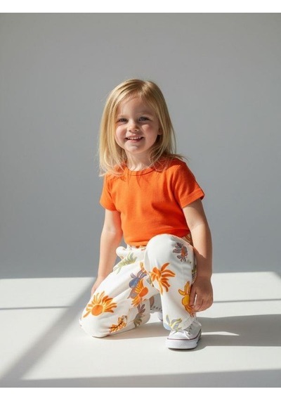Zekids Kız Bebek Çiçek Desenli Geniş Paçalı Denim Pantolon-16718 Turuncu