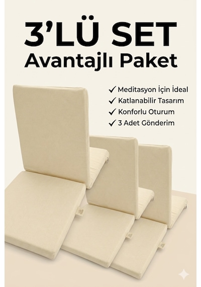 Meditasyon Sandalyesi Sırt Destekli Yer Minderi, Pamuklu Kumaş 3 Adet Ekru