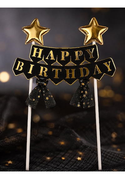 Pasta Üstü Çubuklu Happy Birthday Yıldızlı Tüllü Siyah Süs Doğum Günü Parti Dekoru +3