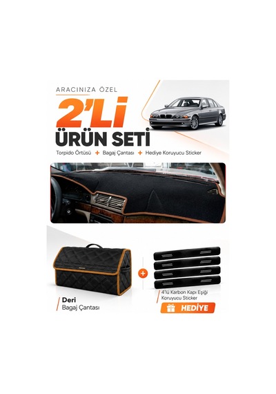 E-biz Bmw E39 1995-2003 Uyumlu Torpido Örtüsü + Deri Bagaj Çantası Seti - Siyah-kahverengi - Bm009