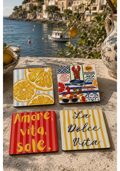 Kare La Dolce Vita Bardak Altlığı 4'lü Set Sicilya Temalı - 9 Cm, 3 Mm Mdf, Uv Baskı, Dekoratif Ba Çok Renkli