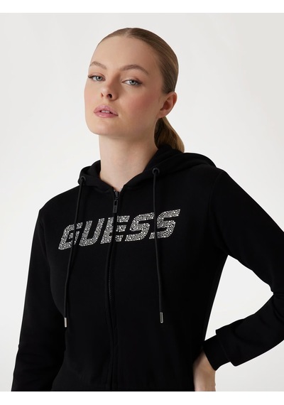 Guess Logolu Yapay Elmas Taşlı Kapüşonlu Kadın Sweatshirt V5gq10kcrp0 Siyah