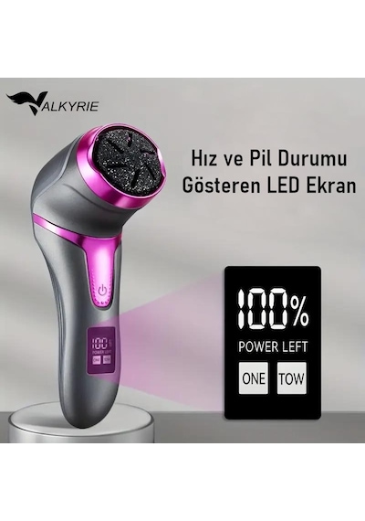 Valkyrie Profesyonel Ayak Bakım Cihazı 360 Dönen Başlık Dijital Ekranlı, Şarjlı & 10 Parça Pedikür Kiti Mor