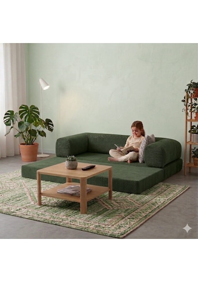 Herev 160x80 Sünger Koltuk İki Kişilik Kanepe Yataklı Yıkanabilir Kadife Kumaşlı Yeşil