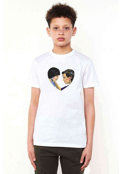 Tshirthane Stanger Things Mike & Eleven Love Baskılı Unisex Çocuk Beyaz T-S