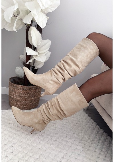 Asmi Shoes Kadın Tima Krem Süet 6 Cm Topuklu Körüklü Sivri Burun Çivi Topuk Çizme