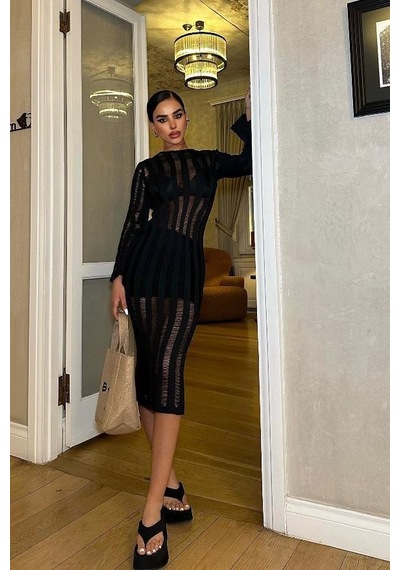 WeShaya Kadın Siyah Pamuk Oversize Kroşe Midi Elbise Siyah WeShaya Kadın Siyah Pamuk Oversize Kroşe Midi Elbise Siyah