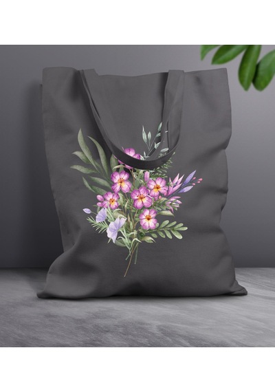 Bk Gift Çiçek Tasarımlı-3 Antrasit Kumaş Bez Çanta, Baskılı Omuz Çantası, Alışveriş Çantası, Anneye Hediye Sarı