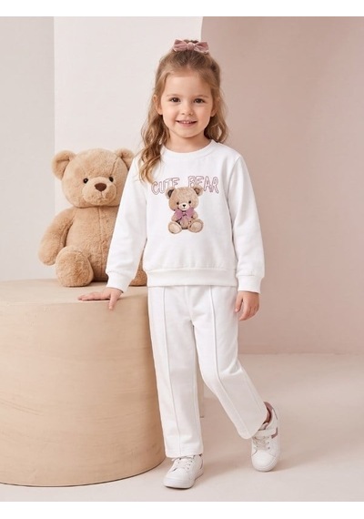 Zekids Kız Çocuk Beyaz Ayıcık Baskılı Bisiklet Yaka Eşofman Takımı-17433