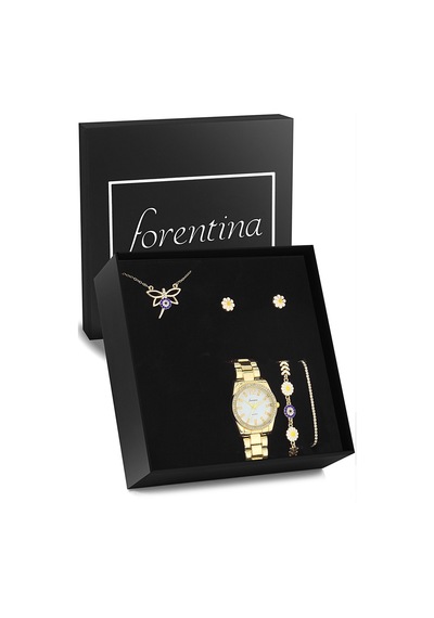 Forentina Altın Kaplama Yusufçuk Kolye Küpe Bileklik Saat Hediye Set Ps3241 Çok Renkli