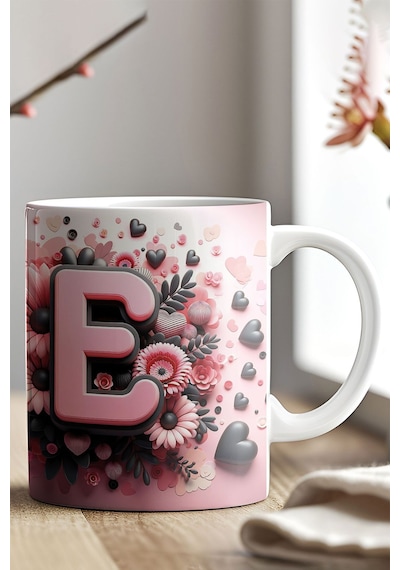Renkli Çiçekli E Harfi Baskılı 3d Görünümlü Tasarım Mug Kupa Bardak Rose