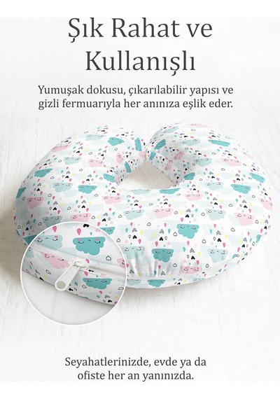 Sevimli Bulut Desenli Pamuklu Boyun Yastığı - Pastel Pembe Mavi Çocuk & Yetişkin Seyahat Yastığı Koyu Gece Gri