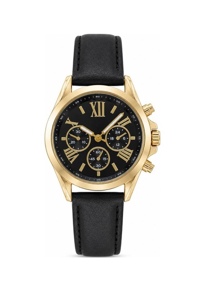 Kadın Kol Saati Siyah Deri Kordon Sarı Kasa Siyah Analog Kadran St-304457