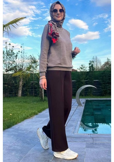 Rabia Şamlı Acı Kahve Nervürlü Bol Paça Pantolon Normal