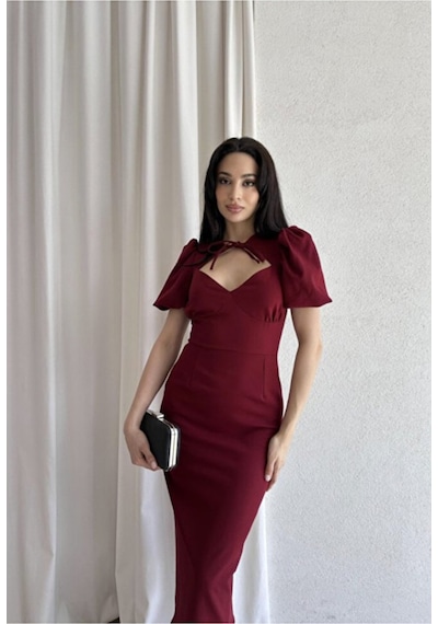 Bianca Yaka Detaylı Puff Kol Midi Elbise Bordo