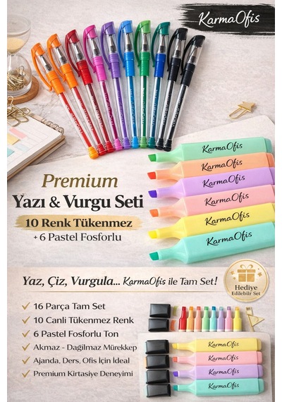 10 Renk Tükenmez Kalem+6 Pastel Fosforlu Kalem Akmaz Dağılmaz Ajanda, Ders & Ofis İçin 16 Lı Set Çok Renkli