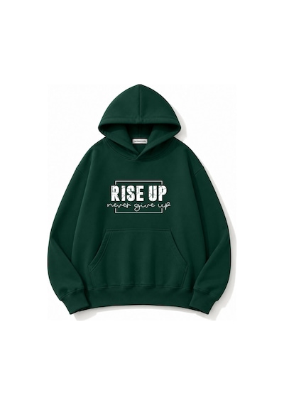 Herkesemoda Rise Up Kapüşonlu Baskılı Kanguru Cepli Oversize Sweatshirt Yeşil