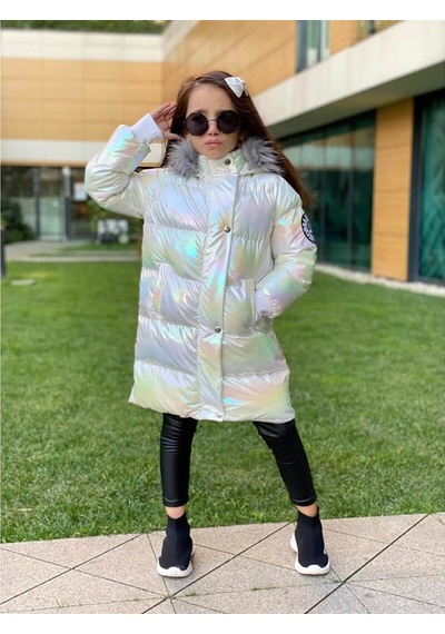 Quzucuk Kids 3 Çınar Kız Çocuk Petrol Beyaz Uzun Şişme Mont Bej