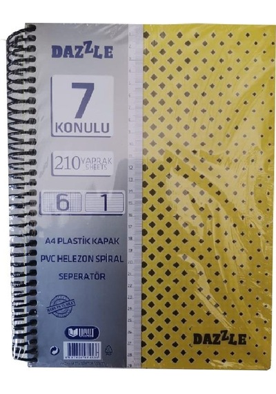 6+1 Ayraçlı Defter 7 Konulu 210 Yaprak 1 Adet 6 Kareli 1 Çizgili Spralli Plastik Kapak Seperatörlü Sarı