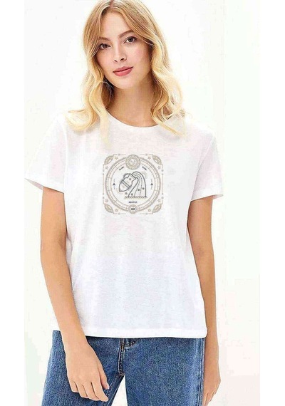 Burç Kova Aquarius Baskılı Beyaz Kadın Tshirt