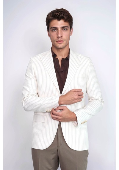 Ekru Çizgili Keten Dokulu Gold Renk Metal Düğmeli Slim Fit Erkek Blazer Ceket Wessi Beige