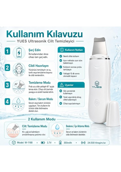 Ultrasonik Cilt Temizleyici Skin Scrubber W-1188, Siyah Nokta Ve Gözenek Temizleme Cihazı, 24.000 Titreşim/sn, 2 Modl