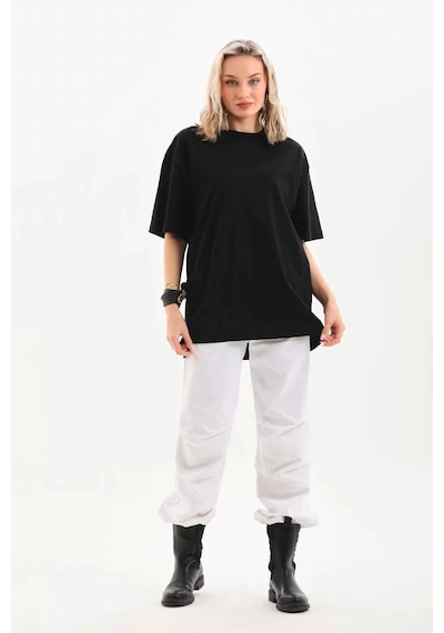 Unisex Bisiklet Yaka 20/1 Düz Oversize T-shirt - Siyah