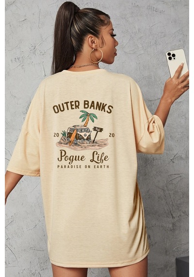 Unisex Outer Banks Baskılı Tasarım Tshirt Bej